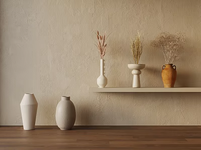 Minimalist Vases With Dried Flowers On White Shelf And Wooden Floor Against Beige Wall 3d model