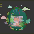 Commercial Equipment with Blue Egg Shape Fox Design Green Leaves Clouds and Star Decorations