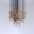 Modern Geometric Chandelier With Golden Cube Frames And Black Hanging Cords In White Room