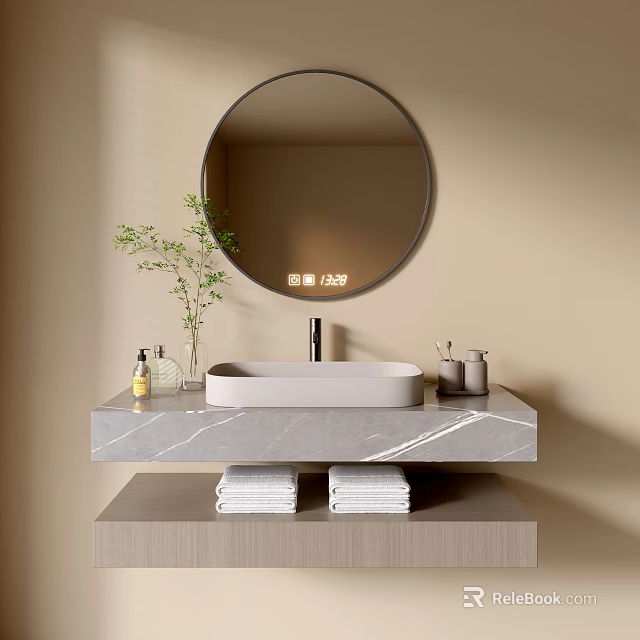 Modern Bathroom Vanity With Oval Sink Marble Countertop Round Mirror And Towels 3d model 