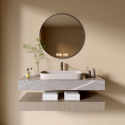 Modern Bathroom Vanity With Oval Sink Marble Countertop Round Mirror And Towels 3d model