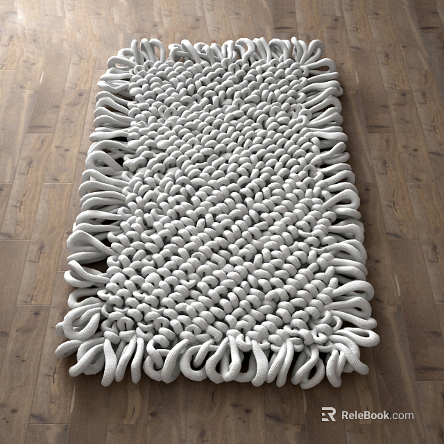 White Square Handwoven Rug With Cozy Yarn And Curly Fringe Edges On Wooden Floor 3d model 