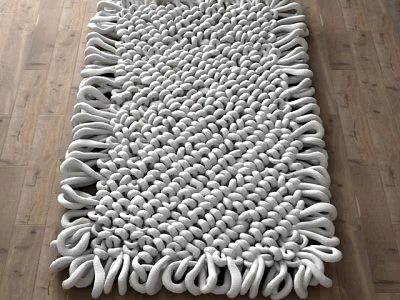 White Square Handwoven Rug With Cozy Yarn And Curly Fringe Edges On Wooden Floor 3d model