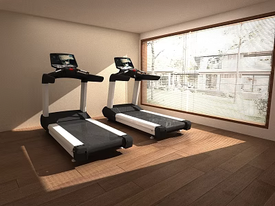 Two Treadmills In Bright Fitness Room With Large Window And Wooden Floor 3d model