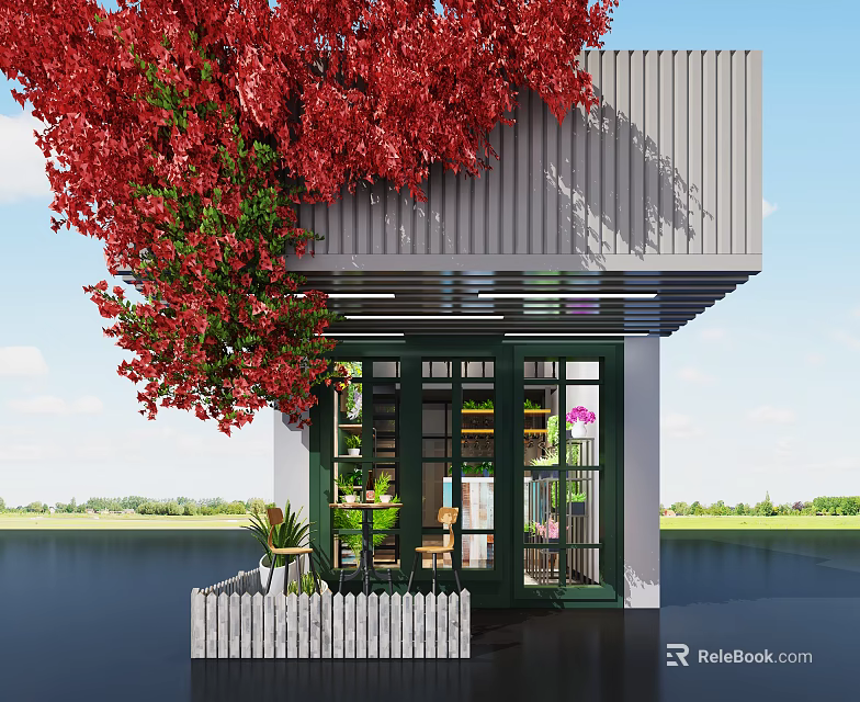 Charming Specialty Store With Red Flowering Vines Gray Building Glass Windows Green Plants And White Picket Fence 3d model 