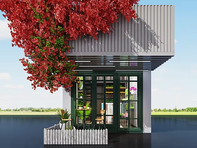 Charming Specialty Store With Red Flowering Vines Gray Building Glass Windows Green Plants And White Picket Fence 3d model