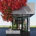 Charming Specialty Store With Red Flowering Vines Gray Building Glass Windows Green Plants And White Picket Fence