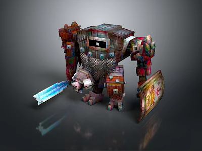 Colorful Pixelated Block Creature Holding Blue Sword And Decorated Shield 3d model