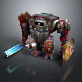 Colorful Pixelated Block Creature Holding Blue Sword And Decorated Shield