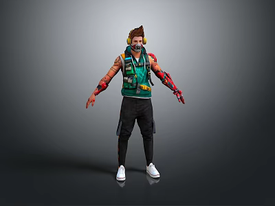Man In Green Vest With Black Pants Red Arm Sleeves And White Shoes 3d model