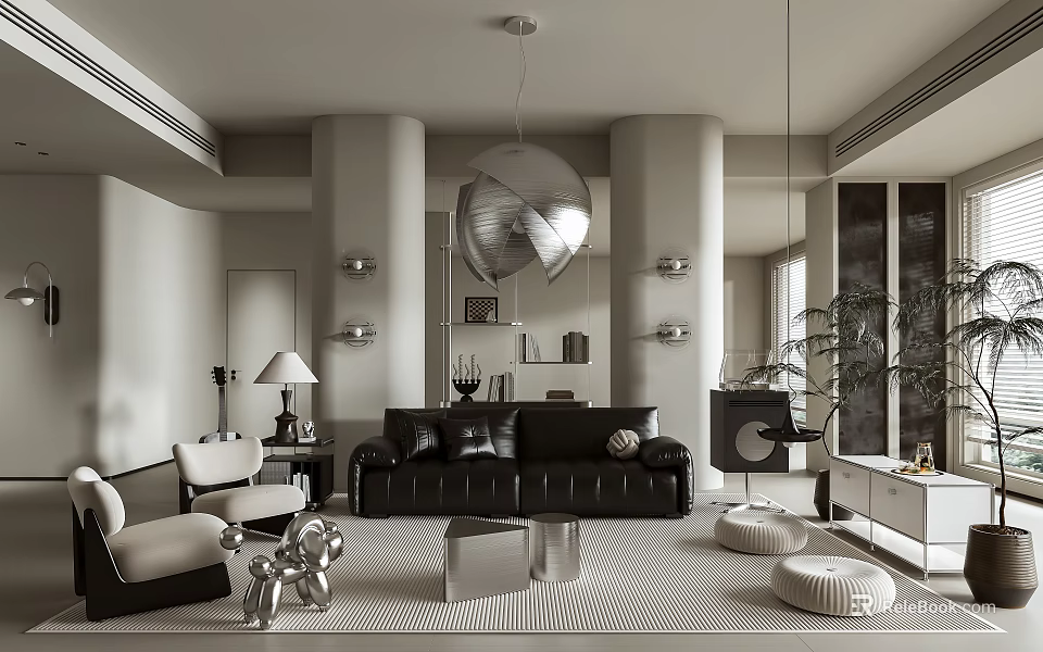 Elegant Modern Living Room Interior With Leather Sofa Metallic Decor And Pendant Lights 3d model 