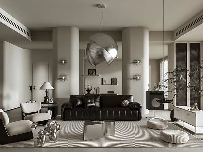 Elegant Modern Living Room Interior With Leather Sofa Metallic Decor And Pendant Lights 3d model