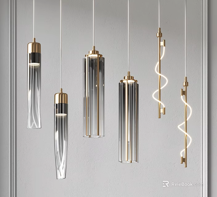 Modern Pendant Lights Featuring Glass Cylinders And Brass Spiral Designs For Interior Decor 3d model 