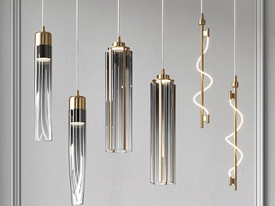 Modern Pendant Lights Featuring Glass Cylinders And Brass Spiral Designs For Interior Decor 3d model