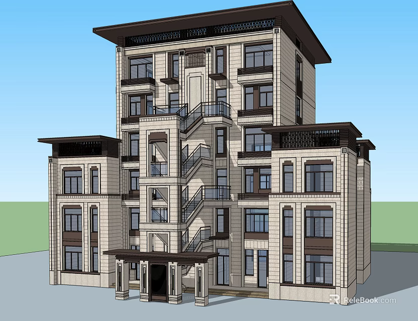 Multi Story Detached Villa Exterior With Staircase Large Windows And Architectural Design 3d model 