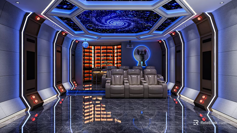 Luxury Home Theater With Galaxy Ceiling And Reclining Sofas 3d model 