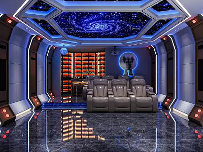 Luxury Home Theater With Galaxy Ceiling And Reclining Sofas 3d model