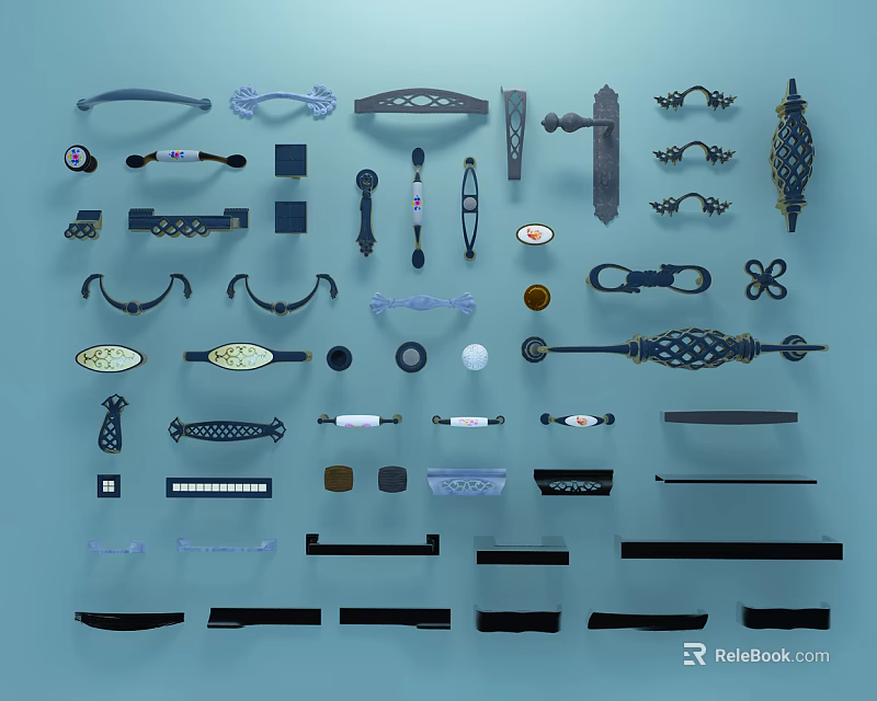 Various Modern And Classic Furniture Handles For Cabinets Drawers With Different Shapes And Materials 3d model 