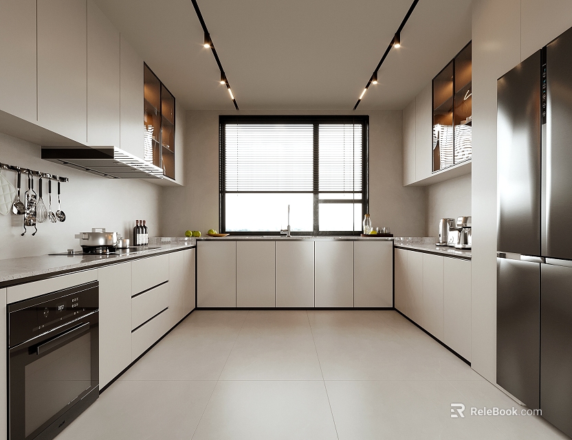 Modern Kitchen Interior With White Cabinets Stainless Steel Appliances Window Countertop And Cooking Utensils 3d model 