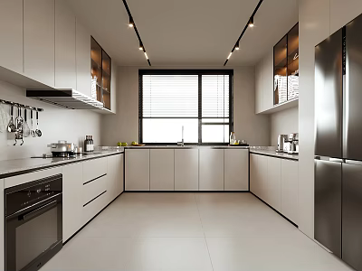 Modern Kitchen Interior With White Cabinets Stainless Steel Appliances Window Countertop And Cooking Utensils 3d model