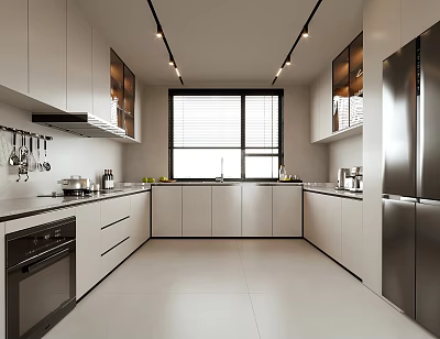 Modern Kitchen Interior With White Cabinets Stainless Steel Appliances Window Countertop And Cooking Utensils 3d model