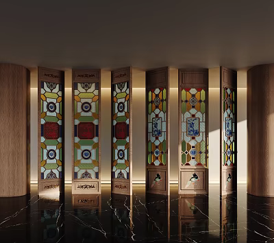 Elegant Stained Glass Wooden Screen With Colorful Patterns For Interior Design 3d model