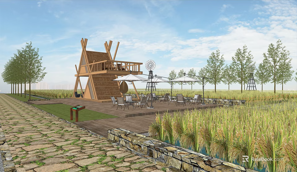 Scenic Rural Landscape With Wooden Tower Balcony Windmill Outdoor Seating And Reeds 3d model 