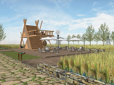 Scenic Rural Landscape With Wooden Tower Balcony Windmill Outdoor Seating And Reeds 3d model