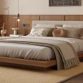 Modern Bedroom Interior With Wooden Bed Large Window Decorative Painting And Rug