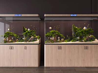 Double Aquariums On Wooden Cabinets Featuring Lush Plants Fish And Decorations 3d model