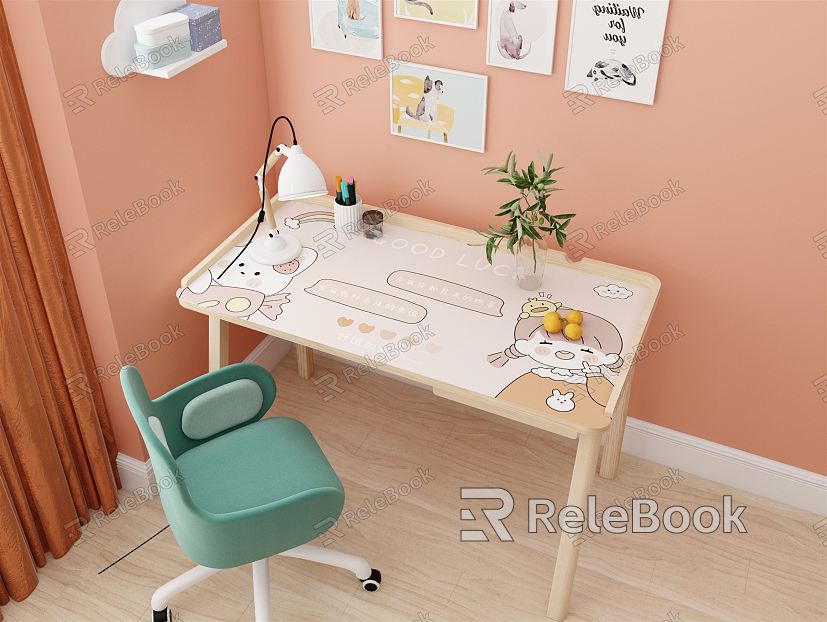 Modern Desk Chair Cartoon Desk Wooden Desk Computer Chair model