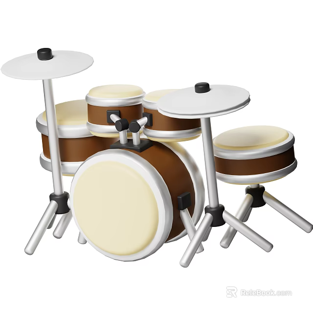 Kids Toy Drum Set With Brown Beige Drums And White Cymbals On Stands 3d model 