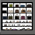 Fashionable Bags And Shoes Display On Multi Layered Shelves With Various Styles And Colors