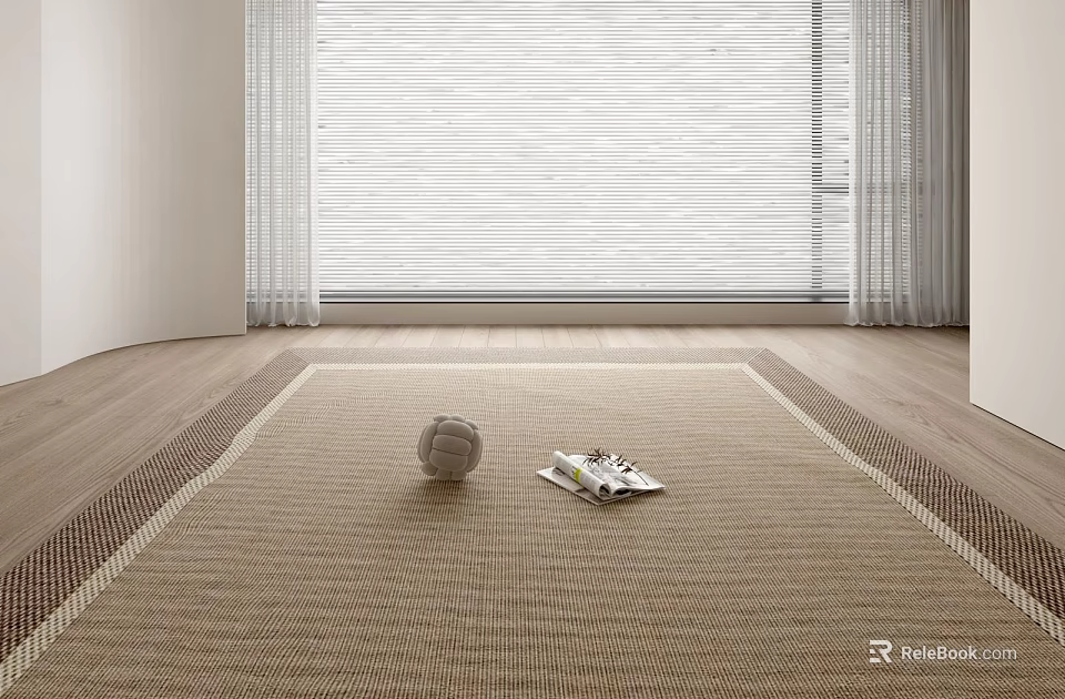 Square Rug Light Brown Woven Texture with Tennis Ball Open Magazine on Wooden Floor 3d model 