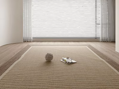 Square Rug Light Brown Woven Texture with Tennis Ball Open Magazine on Wooden Floor 3d model