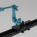 Blue Industrial Robotic Arm Mounted on Black Track System for Manufacturing Processes 3d model
