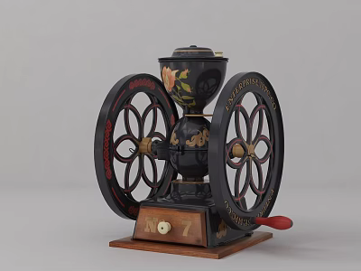 Vintage Kitchen Grinder Appliance With Wooden Base Red Handle And Floral Patterns 3d model