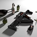 Military Assault Rifle With Grenades Bullets Magazine Pan And Molotov Cocktail