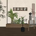 Lush Indoor Plants With Framed Pictures On Wooden Shelf And Armchair