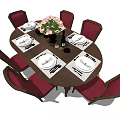 Elegant Dining Table Set With Red Upholstered Chairs Flower Arrangement And Tableware 3d model