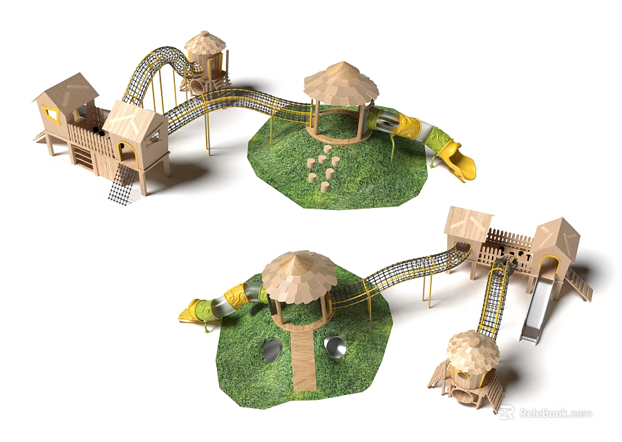 Wooden Play Equipment With Slides Towers Platforms And Grass Areas 3d model 