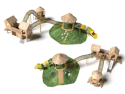 Wooden Play Equipment With Slides Towers Platforms And Grass Areas 3d model