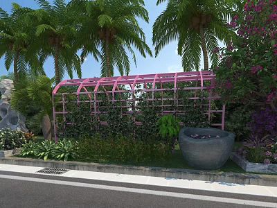 Pink Pergola In Garden With Palm Trees Green Plants Flower Bushes And Stone Basin 3d model