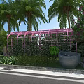 Pink Pergola In Garden With Palm Trees Green Plants Flower Bushes And Stone Basin