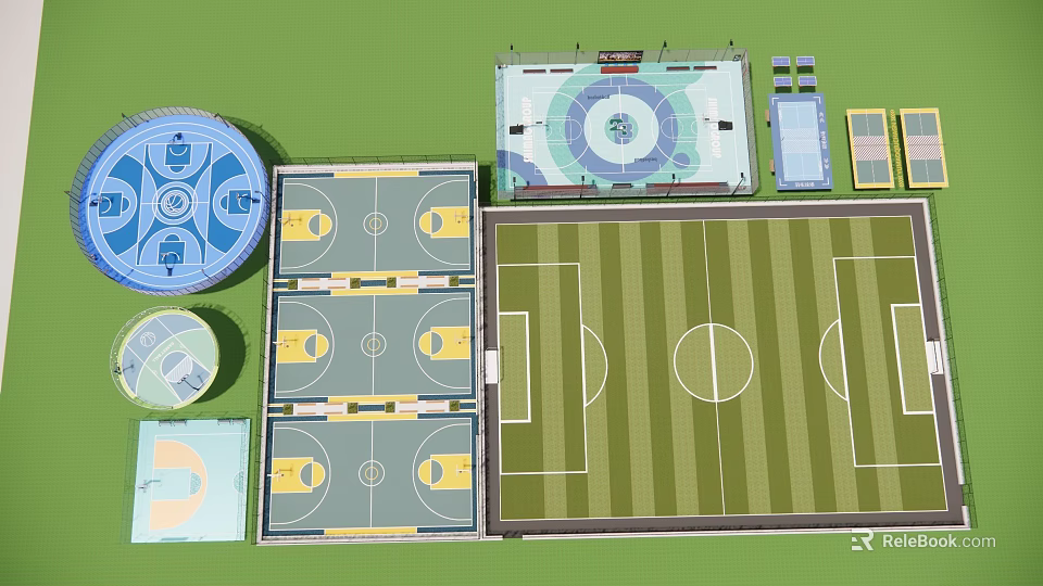 Garden Landscape Design Featuring Soccer Field Basketball Courts And Circular Areas 3d model 