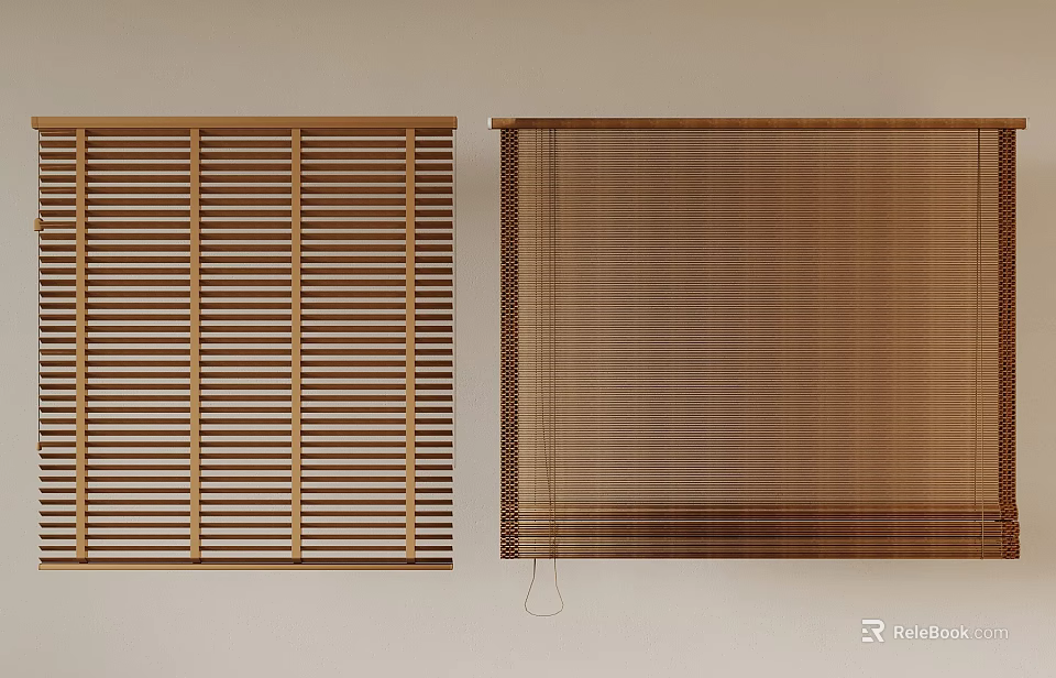 Brown Wooden Slatted Blinds And Bamboo Woven Roller Shades Mounted On Wall 3d model 