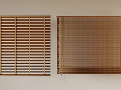 Brown Wooden Slatted Blinds And Bamboo Woven Roller Shades Mounted On Wall 3d model