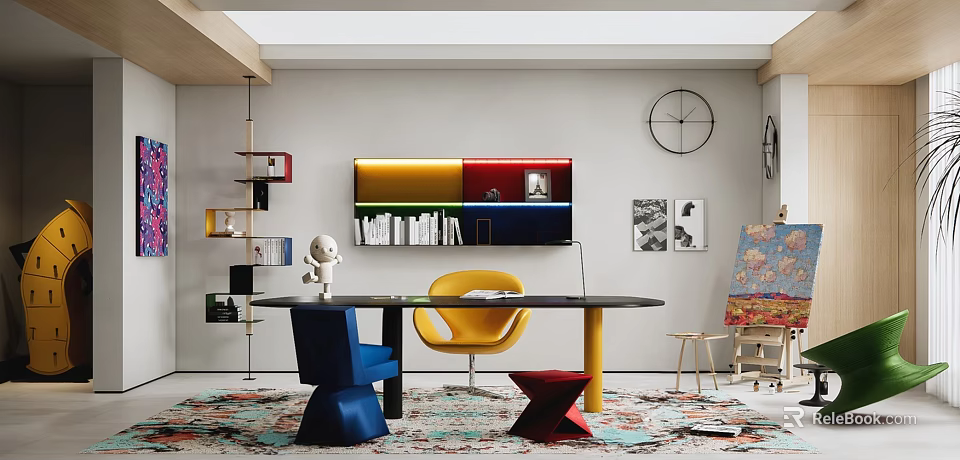 Modern Study Room Interior With Colorful Bookshelves Yellow Chair Desk And Wall Clock 3d model 