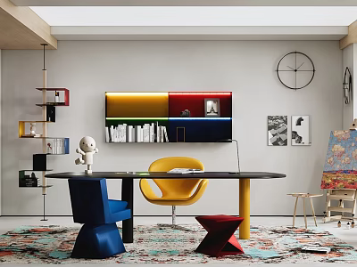 Modern Study Room Interior With Colorful Bookshelves Yellow Chair Desk And Wall Clock 3d model
