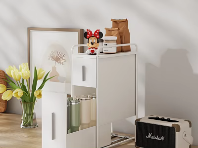 White Shelf With Minnie Mouse Decoration Jars Yellow Tulips And Marshall Speaker 3d model